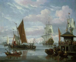 Scena di estuario con barche e pescatore