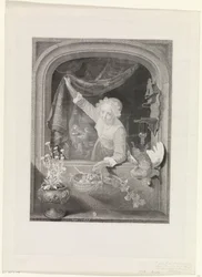 Donna con cesto di frutta in mano vicino alla finestra