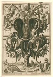 Ornamento a forma di conchiglia con figure intrappolate