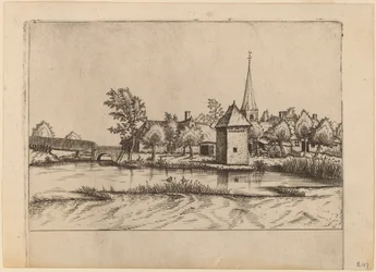 Villaggio di campagna con chiesa e ponte