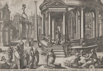 Zaccaria che esce dal tempio, dalla serie Eventi dentro e intorno al tempio, ca. 1572. Creatori: Johannes van Doetecum I, Lucas van Doetecum