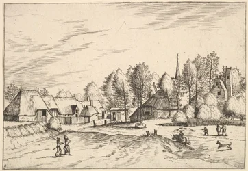Villaggio di campagna con torre della chiesa da Multifariarum casularum ruriumque lineamenta cur..., 1559-61