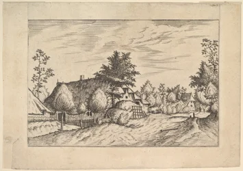 Strada del villaggio, fieno impilato davanti a una fattoria da Praediorum villarum et rusticar..., ca. 1559-61