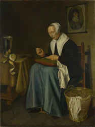 Una vecchia donna seduta a cucire, 1655