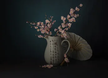 Natura morta con fiori rosa orientali