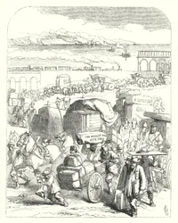 Navi e treni che portano visitatori alla Grande Esposizione del 1851, Crystal Palace, Hyde Park, Londra