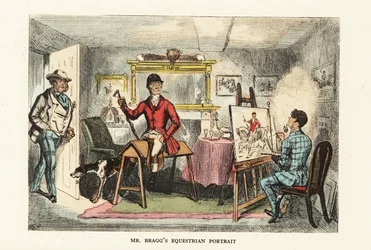 Gentiluomo inglese in abiti da caccia mentre viene ritratto