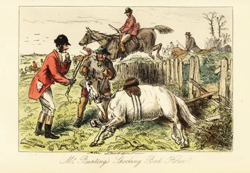 Gentiluomo inglese con il suo cavallo caduto durante una caccia alla volpe