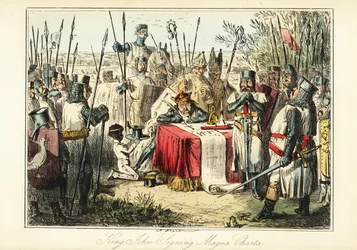 Re Giovanni circondato da baroni e vescovi che firma la Magna Carta a Runnymede