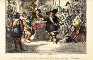 Oliver Cromwell che rimuove il bastone dalla Camera dei Comuni e scioglie il Parlamento Rump nel 1653