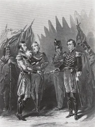 La resa del generale americano William Hull alle truppe britanniche e ai guerrieri nativi americani a Detroit, 15 luglio