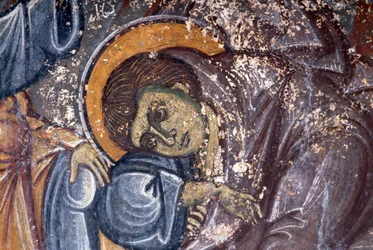 Figura di santo, di Ioannis Pagomenos, dettaglio di affresco nella chiesa bizantina di San Giorgio, Anidri, Creta, Grecia