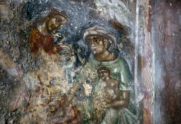 Affresco della Sacra Famiglia, chiesa bizantina di Ayios Stephanos, Drakona, Creta, Grecia
