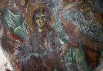 Affresco di santo nella chiesa bizantina di Ayios Stephanos, Drakona, Creta, Grecia