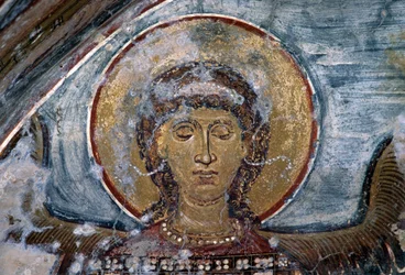Affresco con angelo nella chiesa bizantina di Agios Georgios, Vathi, Creta, Grecia