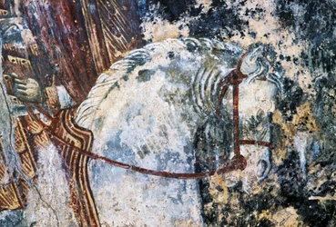 Cavallo, affresco danneggiato sul soffitto della chiesa di Agios Vasileios, Vavouledo, Creta, Grecia
