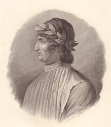 Ritratto del poeta e umanista italiano Angelo Ambrogini noto anche come Poliziano (1454-1494), incisione su rame di G Bonatti