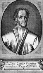 Ritratto di Lucilio Vanini, noto come Giulio Cesare Vanini (1585-1619), filosofo, medico e libero pensatore italiano, tra i primi importanti rappresentanti del libertinismo intellettuale, incisione