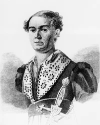 Ritratto di Vasily Andreevich Karatygin (1802-1853), attore russo, incisione da Russkaya Talia, antologia di Faddey Venediktovich Bulgarin, pubblicata nel 1825