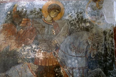 San Giorgio, affresco di Ioannis Pagomenos nella Chiesa di Agios Georgios, Anidri, Creta, Grecia