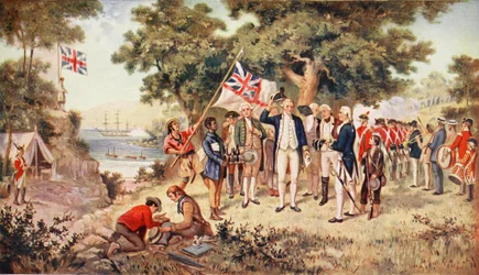 Il capitano Cook prende possesso del Nuovo Galles del Sud, 1770, illustrazione da «Storia della nazione britannica di Hutchinson», 1923 circa