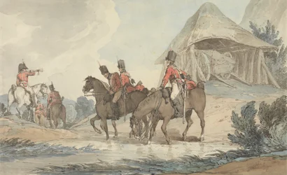 Cavalieri che attraversano un torrente, radunati da un trombettiere