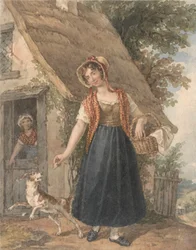 Giovane Donna con Cane Fuori da una Porta di Cottage