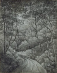 Paesaggio con un sentiero attraverso una foresta e un tempio classico