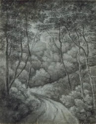 Paesaggio con un sentiero attraverso una foresta e un tempio classico, fine XVIII secolo