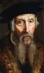 Ritratto di un uomo barbuto, busto, in cappotto guarnito di pelliccia e cappello nero, circa 1547