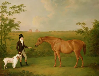 Un gentiluomo con un cane bianco e una cavalla castana in un paesaggio