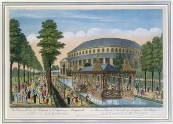 La casa cinese, la Rotonda e la compagnia in maschera nei giardini di Ranelagh (acquatinta colorata)