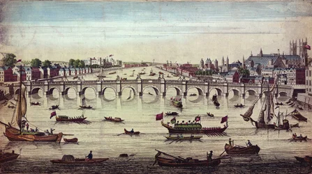 Ponte di Westminster, guardando verso ovest, pubblicato da J. Bowles, 1747