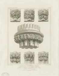 Interno della Cattedrale di Lichfield - Pilastro a grappolo nella Sala Capitolare e Staffe nella Cappella della Madonna: incisione, nd [c 1819]