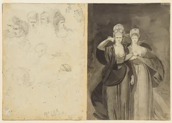 Schizzi di teste (verso, sinistra); Due donne (verso, destra)