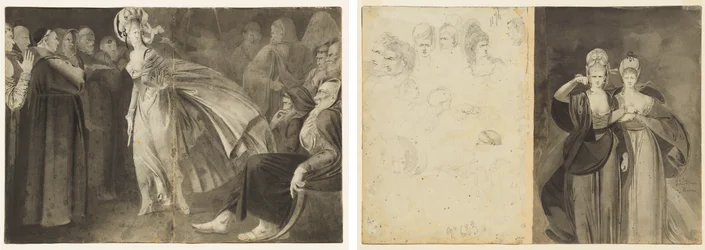 Donna in piedi tra i frati (recto) Schizzi di teste (verso, sinistra); Due donne (verso, destra)