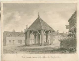 Abbots Bromley - Casa del Mercato e Stocks (disegno a seppia, 1839)