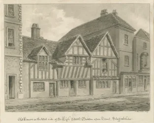Burton-upon-Trent - Vecchie Case su High Street: disegno a seppia, 1839