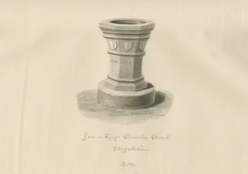 Fonte nella Chiesa di Kings Bromley: disegno a seppia, 1839