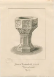 Fonte battesimale nella Chiesa di Tettenhall (disegno a seppia)