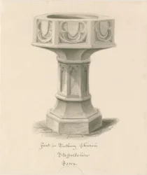 Fonte battesimale nella Chiesa di Tutbury Priory: disegno a seppia