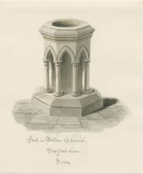Fonte battesimale nella Chiesa di Walton-on-the-Hill: disegno a seppia
