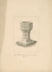 Lancashire - Chiesa di Waddington - Fonte battesimale (disegno a seppia, 1808)