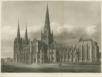 Cattedrale di Lichfield - Vista sud-est: incisione ad acquatinta, nd [?XIX secolo]