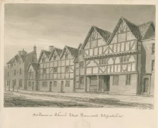 Tamworth - Vecchie case in Church Street (disegno a seppia, 1838)