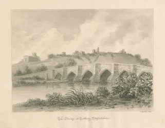 Castello, chiesa e ponte di Tutbury: disegno a seppia