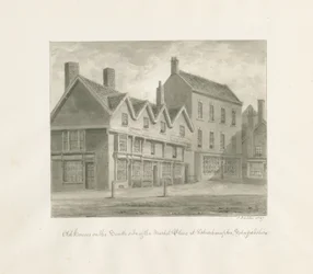 Wolverhampton - Vecchie Case sul Lato Sud della Piazza del Mercato: disegno seppia, 1847