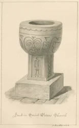 Worcestershire - Droitwich - Fonte battesimale della chiesa di San Pietro (disegno a seppia, 1833)