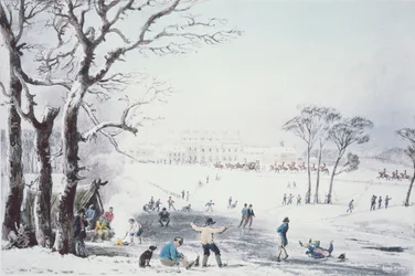 Veduta di Buckingham House e St James Park in Inverno, pub. da R. Havell e Figli, 1810