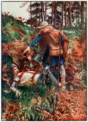 Fedele aiuta Cristiano dopo la sua caduta da Il pellegrinaggio del cristiano da questo mondo a quello che verrà di John Bunyan (1628-1688) Illustrazione di Byam Shaw (1872-1919)
